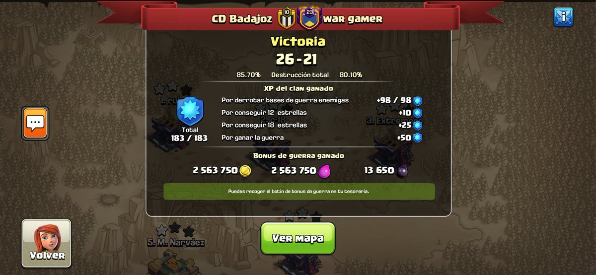 CoC_CDBadajoz's tweet photo. Nueva victoria en guerra 🆚 "war gamer".
Historial de guerras: 54✅/16❌.
Racha actual de victorias: 8📈.
🔛 🚨 ÚLTIMA SEMANA DE SUBIDA DE 🏆 🚨. https://t.co/1LEheT24b9