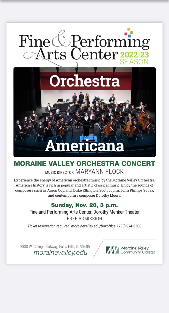 FlockMusik's tweet photo. With music fr the hot south to NYC skyscrapers, get out of the cold &amp; come hear the cool sounds of American composers by the sizzling #MoraineValleyOrchestra! https://t.co/l5ApD0YEdB
