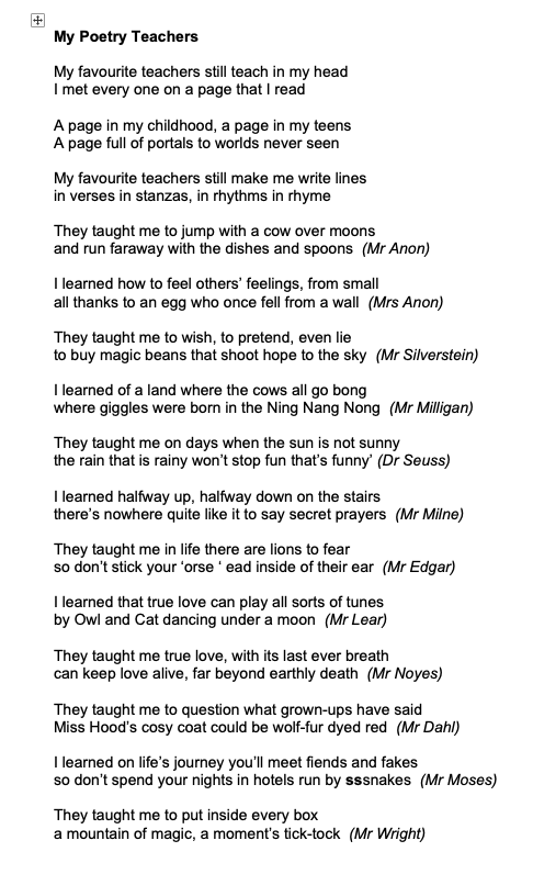 dreambeastpoems's tweet photo. I know the poem is too long but how do you leave anyone out when so many poets and poems taught you to how to live your life @PieCorbett @MichaelRosenYes @moses_brian #poems4kids #poetrytwitter #poets #Influencer #allanahlberg @AttieLime #brianpatten #KitWright @ShelSilverstein https://t.co/QLFf97KTqx