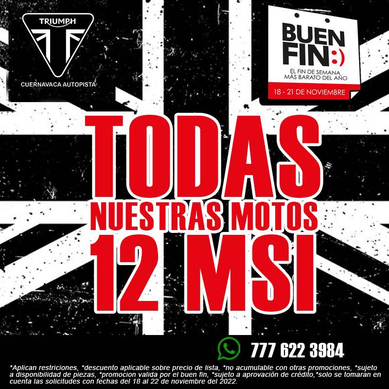 TriumphCuernaAu's tweet photo. ¡Aprovecha nuestro Buen fin! 🏍️
Escríbenos al 7776223984 📲
#womenonmotorcycles #rollinggirlsmexico #FindYourFreedom #GoRide #CDMX #lasmejoresmotos #pasionporlasmotos #viajarenmoto
#motopasion #Cuernavaca #fortheride #triumph https://t.co/ZTYiJKkJ4Z