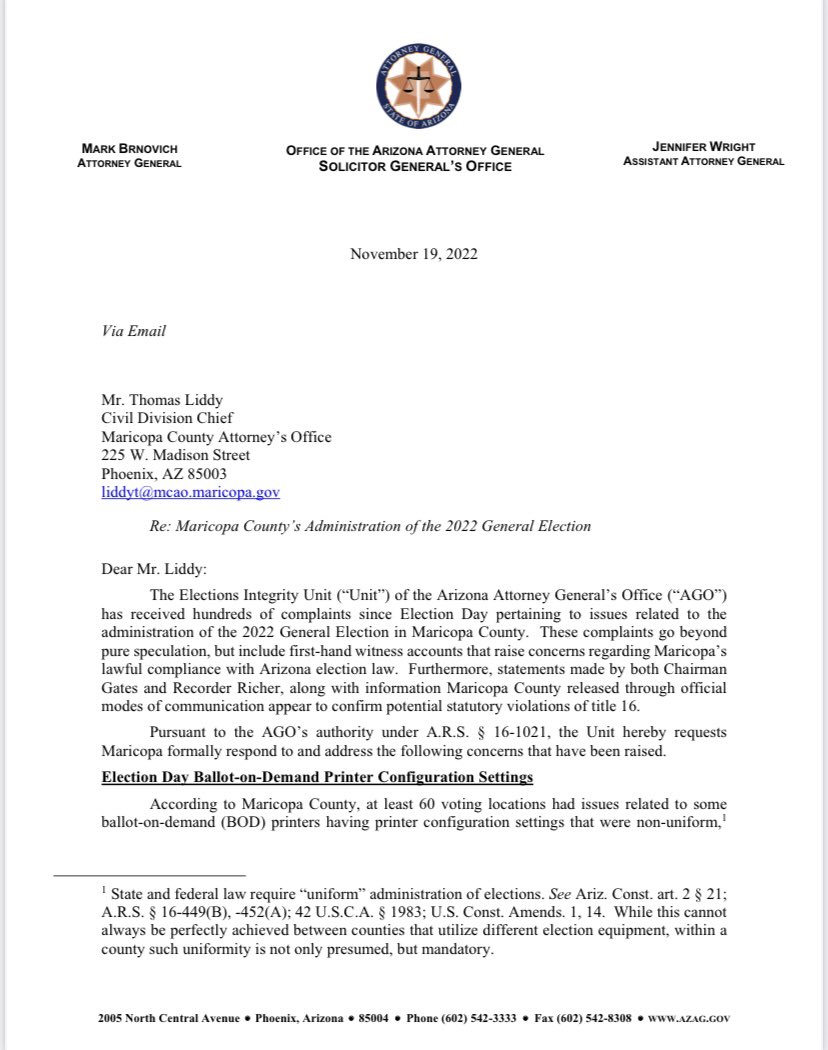 oliviaintheusa's tweet photo. BREAKING: Arizona AG @brnoforaz sends a letter to Maricopa County. 

“Arizonans deserve a full report and accounting of the myriad problems that occurred in relation to Maricopa County's administration of the 2022 General Election.”

#AZVoterSuppression https://t.co/o2YfdNG1wN