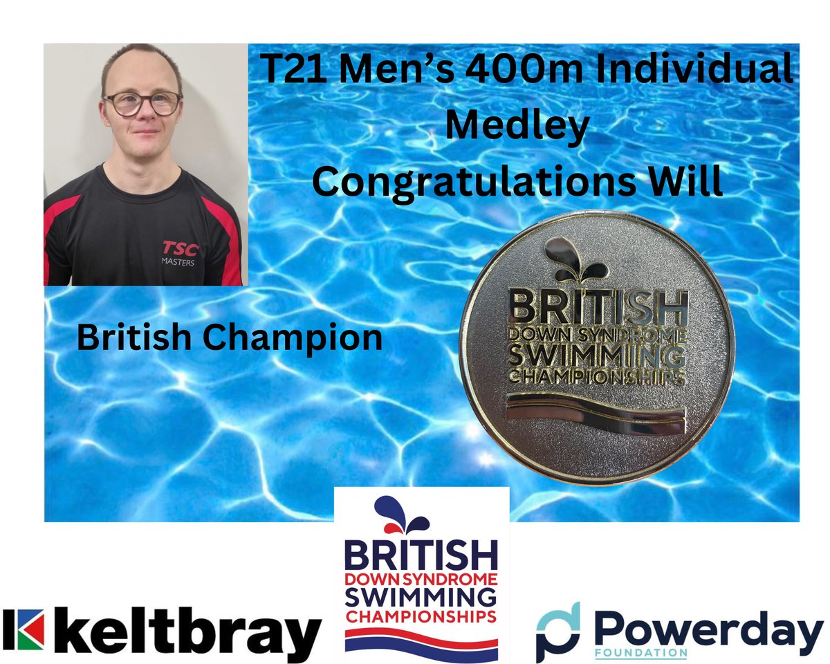 Our last event of Day 1 of <a href="/britdsswimchamp/">British Down Syndrome Swimming Championships</a> 

A great swim from William Reed

#BritishChampion T21 Men’s 400m IM