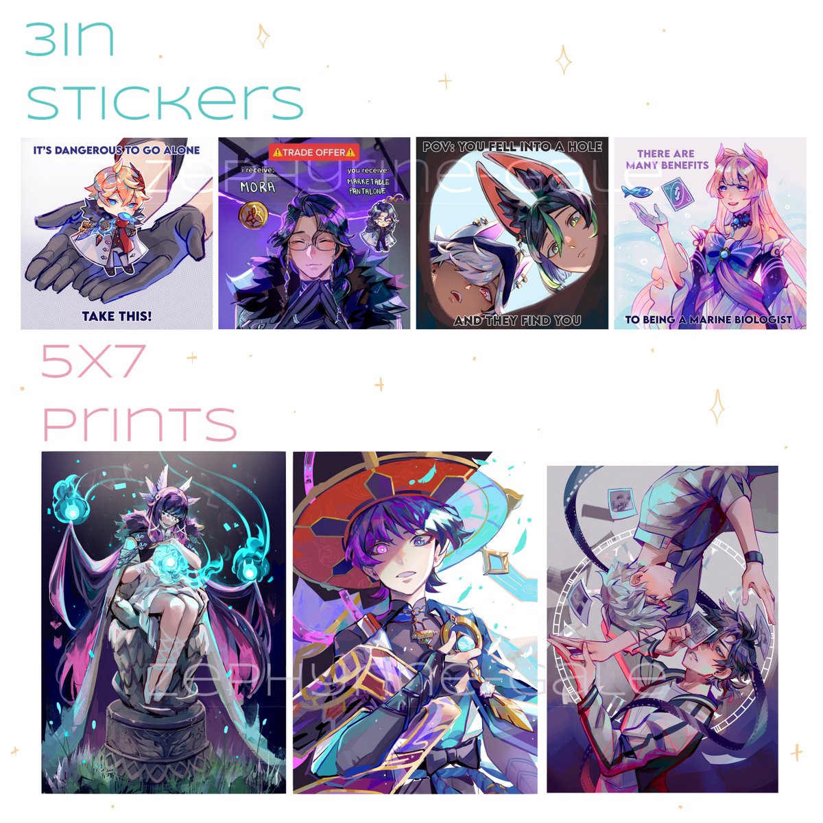 little shop update + restocks!
+ fatui harbinger stickers
+ albedo, kazuha, shenhe prints
harbinger charms will be restocked next year :> 