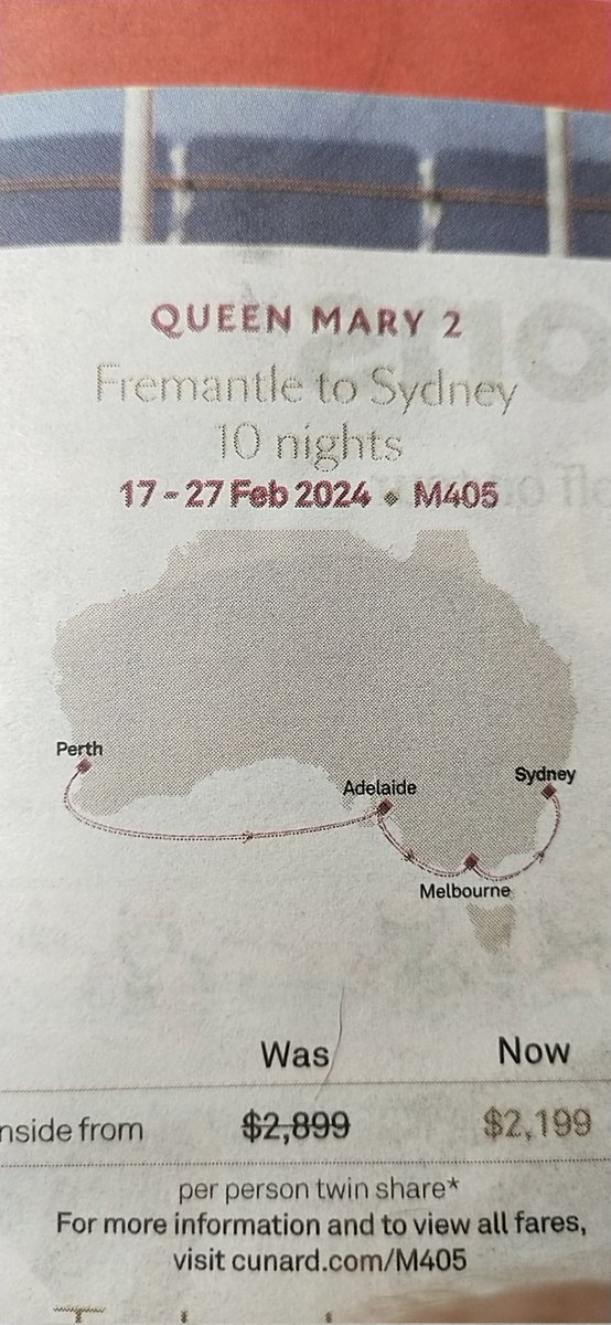 HitchensJr's tweet photo. Hi there @cunardline. I noticed this ad on today's newspaper. I'm Australian and I do not have a Passport.  Is one needed to board this Cruise? https://t.co/ImCMb5SO0K