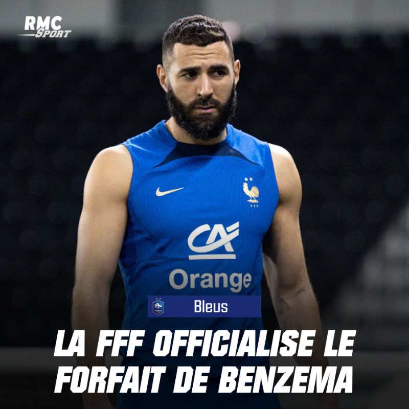 RMCsport's tweet photo. 🇫🇷 Dans un communiqué, la FFF officialise le forfait de Benzema pour le Mondial. Didier Dechamps se dit "extrêmement triste"