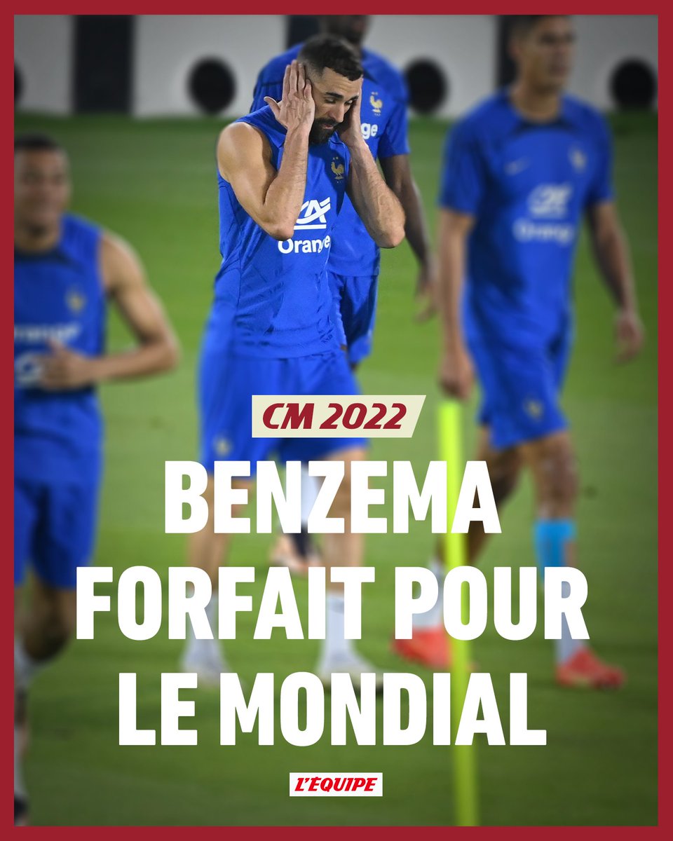 lequipe's tweet photo. C'est officiel, Karim Benzema ne disputera pas le Mondial 2022. https://t.co/M6aWzQRB45