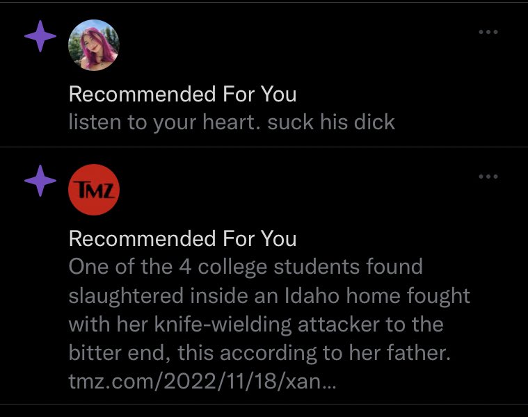 i currently follow a grand total of 31 twitter accounts—mostly news sources, some poetry/writing, and three people i know personally. this is what the algorithm is feeding me.