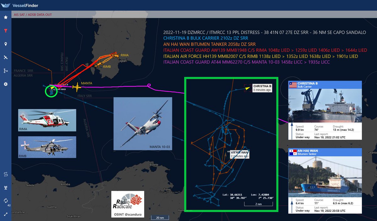 scandura's tweet photo. 🔴 Dramma al largo della Sardegna

13 Persone su una imbarcazione:
7 (tra cui una donna) recuperate dalla portarinfuse 🚢#ChristinaB🇱🇷,
4 cadaveri individuati,
2 dispersi (19:06).

In SAR anche:
🛩️ Manta 10-03⚓️🇮🇹
🚁#RIMA⚓️🇮🇹
🚁#RIMB 🇮🇹
🚢#AnHaiWan 🇵🇦

OSINT Radio Radicale

🔢
🧵 https://t.co/vp3FA7cFWU