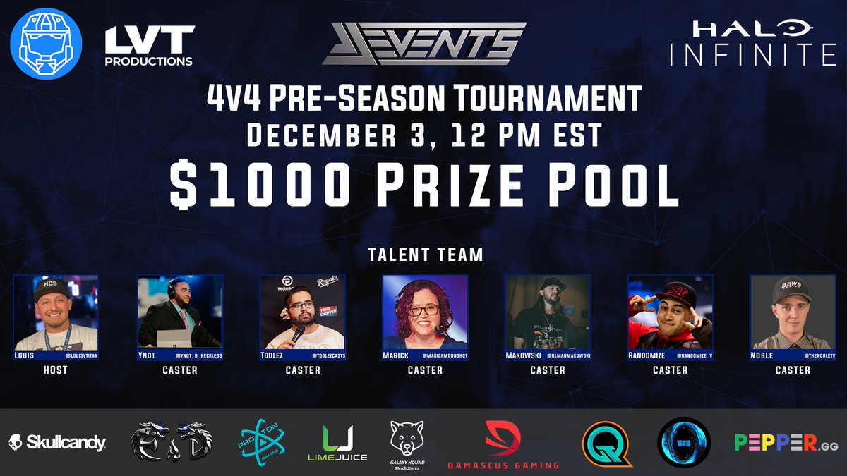 JJ Events (@jj_events_) on Twitter photo Welcome our <a href="/JJ_Events_/">JJ Events</a> <a href="/HaloHubGG/">HaloHub</a> $1,000 Tourney Talent!
@MagickMoonshot <a href="/YNOT_B_RECKLESS/">YNOT B CASTING 🎙️</a> <a href="/OlManMakowski/">Makowski</a> <a href="/ToolezCasts/">Toolez | Garrett O'Toole</a> <a href="/Randomize_V/">Josh | Randomize</a> <a href="/TheNobleTV/">Noble</a> <a href="/LouisVTitan/">LouisVTitan</a>
🗓 Dec 3, 12 PM EST
⚔️ 4v4 Double Elim Bracket
🔥 BO5 Winners Quarters & Elim Semis
👨💻 Register: tinyurl.com/JJEventsHaloHub Welcome our <a href="/JJ_Events_/">JJ Events</a> <a href="/HaloHubGG/">HaloHub</a> $1,000 Tourney Talent!
@MagickMoonshot <a href="/YNOT_B_RECKLESS/">YNOT B CASTING 🎙️</a> <a href="/OlManMakowski/">Makowski</a> <a href="/ToolezCasts/">Toolez | Garrett O'Toole</a> <a href="/Randomize_V/">Josh | Randomize</a> <a href="/TheNobleTV/">Noble</a> <a href="/LouisVTitan/">LouisVTitan</a>
🗓 Dec 3, 12 PM EST
⚔️ 4v4 Double Elim Bracket
🔥 BO5 Winners Quarters & Elim Semis
👨💻 Register: tinyurl.com/JJEventsHaloHub