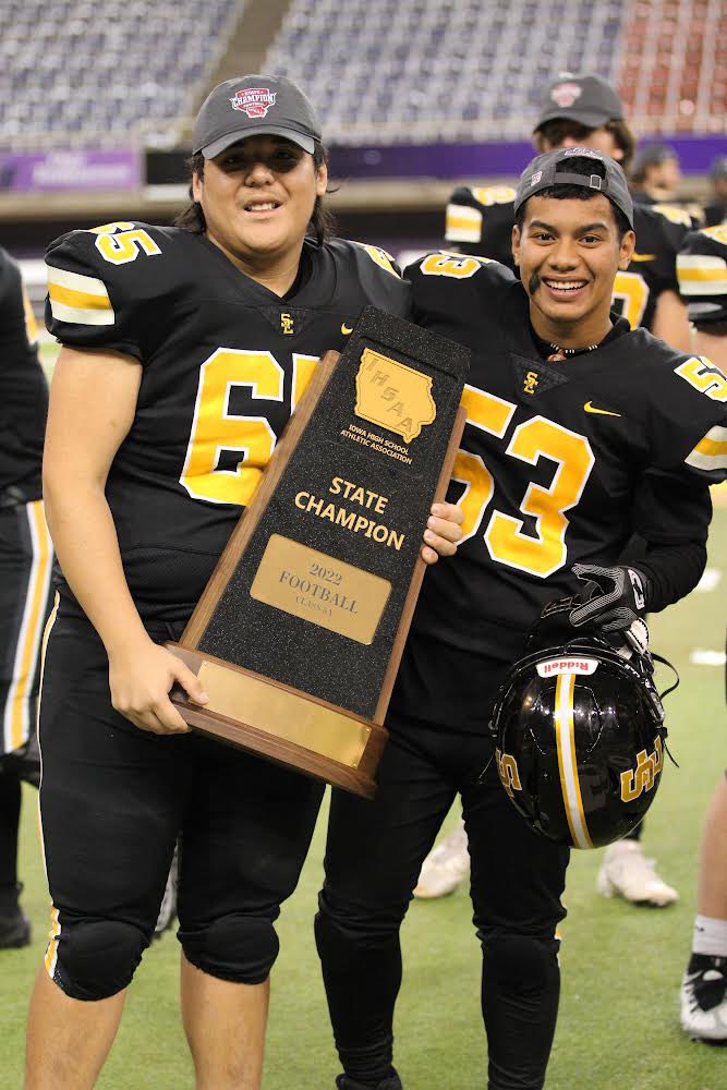 So proud of these two boys right here: Austin Young (left), and Remmanuel Narruhn (right). Both members of the varsity football team (2021 &amp; 2022 Iowa Class 5A State Football Champions), and both members of the Southeast Polk High School Bands. <a href="/SEPolkRams/">Southeast Polk Rams</a>