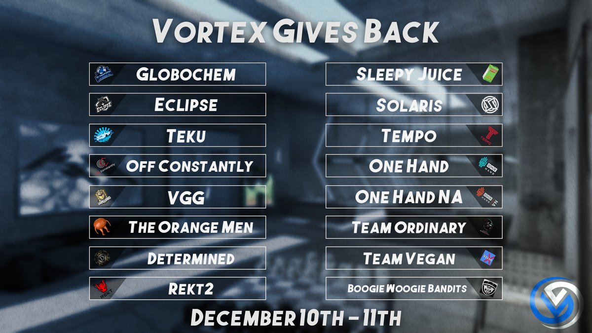 Thank you to everybody that signed up for the Vortex Gives Back Tournament! We are excited to see the matches that will happen on Dec 10th and 11th! <a href="/playvailvr/">VAIL VR (#1 Rated VR FPS on Meta Quest)</a>

Matches will be streamed at:

twitch.tv/sumatchi
twitch.tv/yellowhat07

#vr #vresports #vailvr