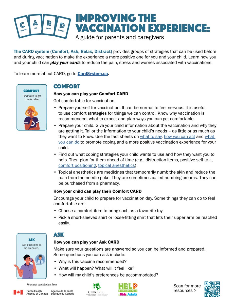 A guide for parents &amp; caregivers: Improving the vaccination experience. You &amp; your child can play your cards to reduce the pain, stress &amp; worries associated with vaccinations | <a href="/DrATaddio/">Anna Taddio</a> <a href="/UofTPharmacy/">Leslie Dan Faculty of Pharmacy</a> <a href="/DrMcMurtry/">C. Meghan McMurtry</a> <a href="/SickKidsNews/">The Hospital for Sick Children (SickKids)</a> | bit.ly/3JZ2eu6 #CARDSystem