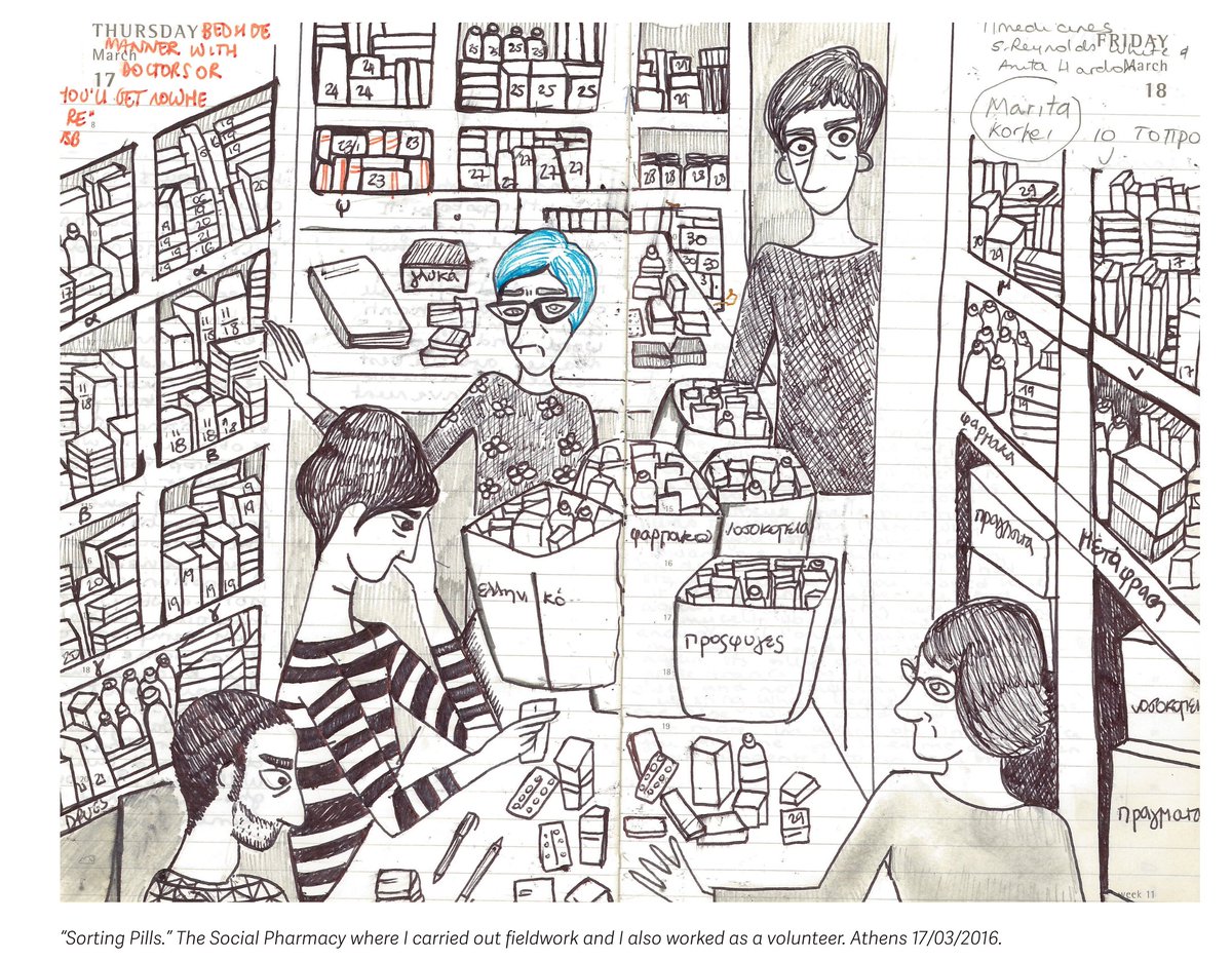 MkgAnthPublic's tweet photo. For Letizia Bonanno (@letha_laetitia) , illustrating her fieldwork in Athens was a method for translating her work. The drawings functioned as a way to grapple with theories, reflect on her work, and to capture themes of work and solidarity in ways that go beyond words. https://t.co/nyJhToM8a7