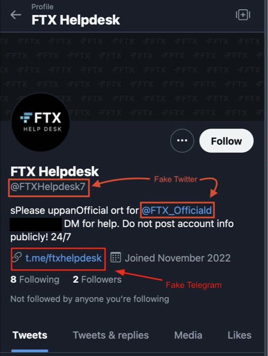 #CertiKSkynetAlert 🚨

Be aware of a fake @FTXHelpdesk7 Twitter and Telegram account.

Do not interact with this account, or provide your login details to it.

Always double check for subtle differences on URLs/Twitter accounts 👀