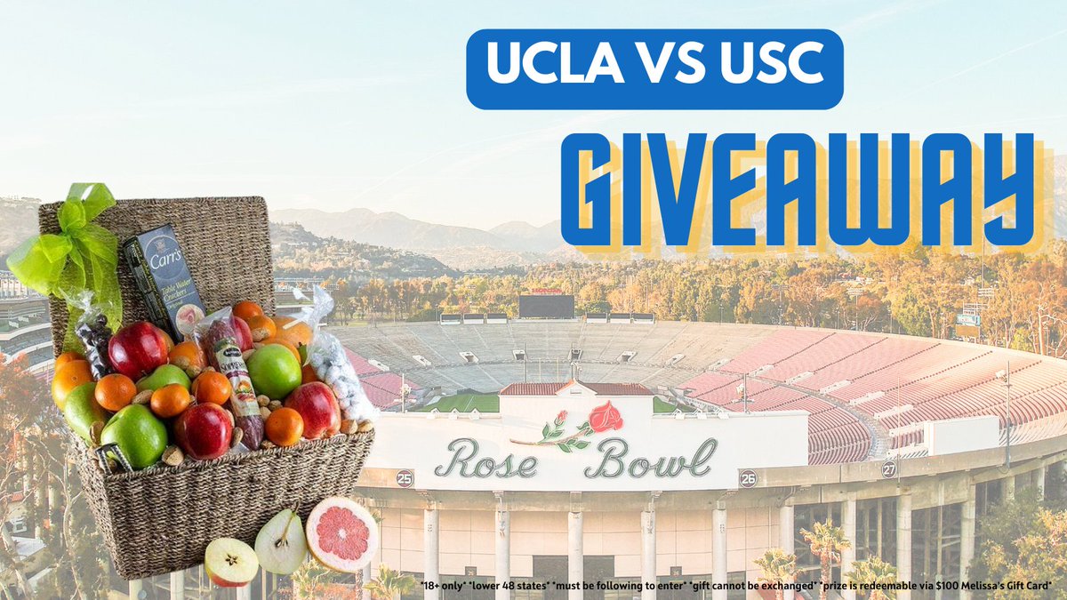 CROSSTOWN SHOWDOWN GIVEAWAY! 🏈 To enter: ✅ Follow @MelissasProduce ✅ RT & Like this post ✅ Reply and predict tonight’s winner: @UCLAFootball or @uscfb #GoBruins #FightOn #MelissasProduce #giveaway #CrosstownShowdown @RoseBowlStadium
