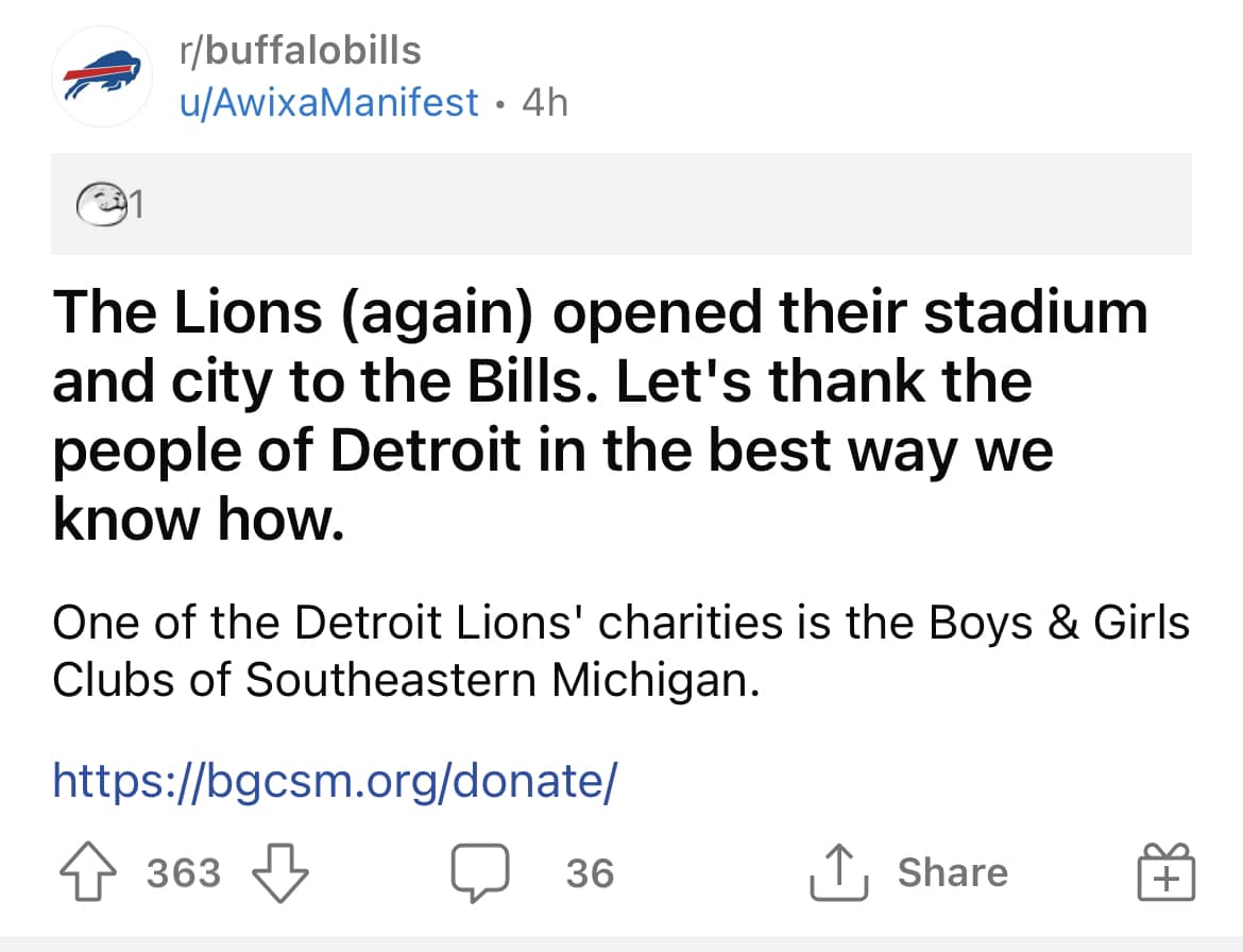 #BillsMafia you know what to do!

#billsmafiababes #mafiababes #Bills #BuffaloStorm2022 #BuffaloBills #buffalo #Detroit #Browns #clevsbuf #Fordfield #Lions #donate #charity #breaksometables #boysandgirlsclub #michigan #bufvsdet