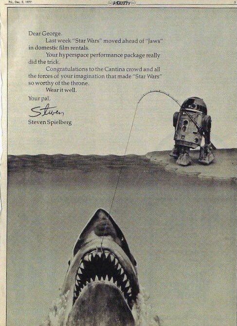 JonErlichman's tweet photo. When Star Wars beat Jaws at the box office, Steven Spielberg bought a full page congrats ad for George Lucas.

When E.T. reclaimed the throne, Lucas did the same for Spielberg. https://t.co/3pevkialTu