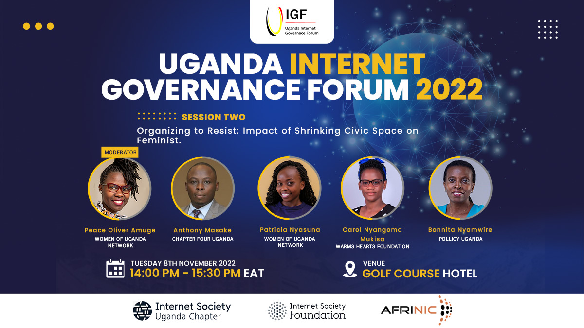 Session 2 will feature <a href="/masakeonline/">Anthony Masake</a> <a href="/TRISHNYASUNA/">Patricia Nyasuna</a> <a href="/CarolMukisa1/">Carol Nyangoma Mukisa</a> <a href="/nyamwire/">Nyamwire Bonnita</a>  and they  will be discussing about impact of shrinking civic space on feminists. 
<a href="/PollicyOrg/">Pollicy</a> <a href="/chapterfourug/">Chapter Four Uganda</a> <a href="/wougnet/">Women of Uganda Network</a>