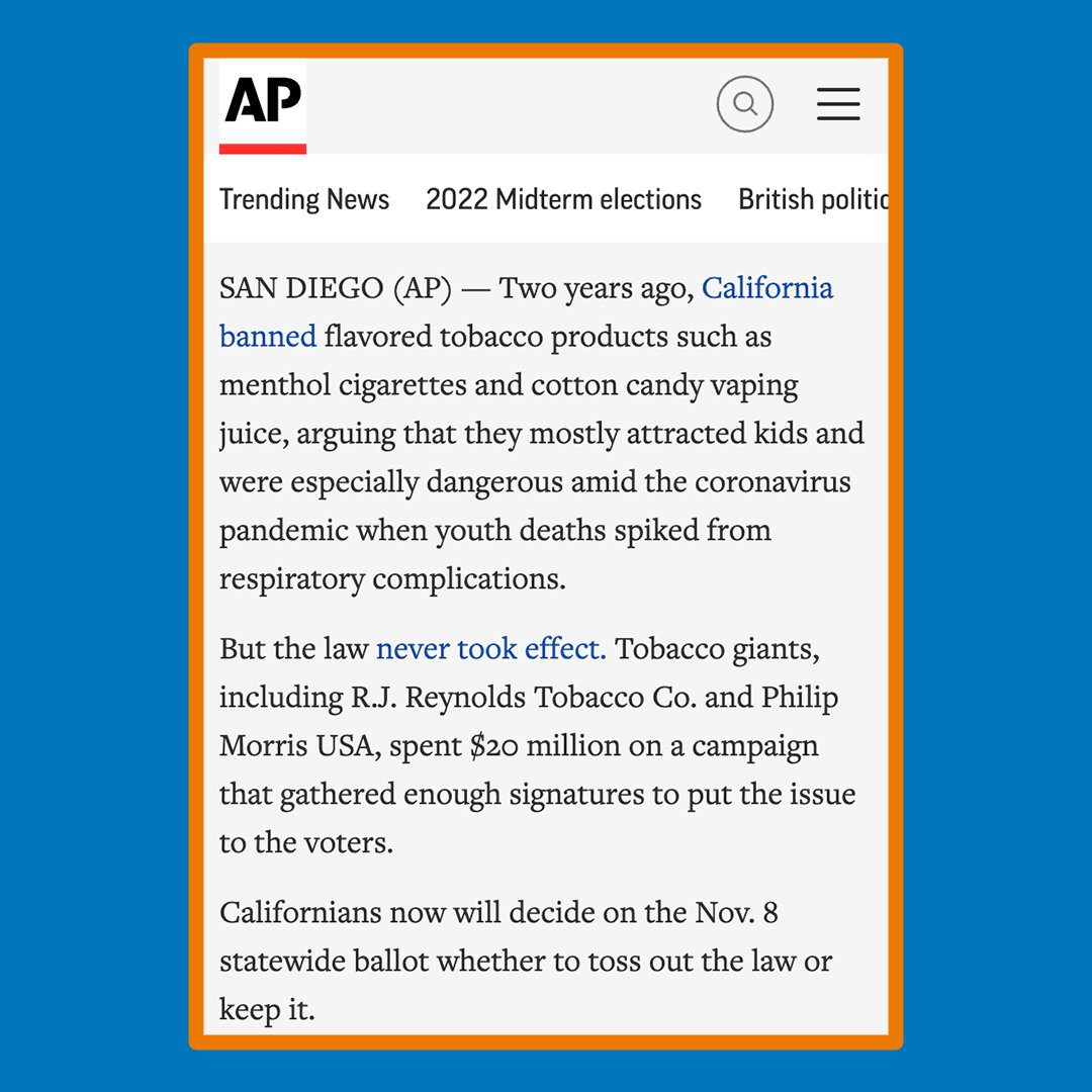 Philip Morris &amp; R.J. Reynolds spent $20 million to delay the bipartisan law to end the sale of menthol cigarettes, candy-flavored e-cigarettes, &amp; other flavored tobacco products.

Their return on investment? $785 million. 

To #DefeatBigTobacco, vote #YesOn31 by 8 PM PT tomorrow.