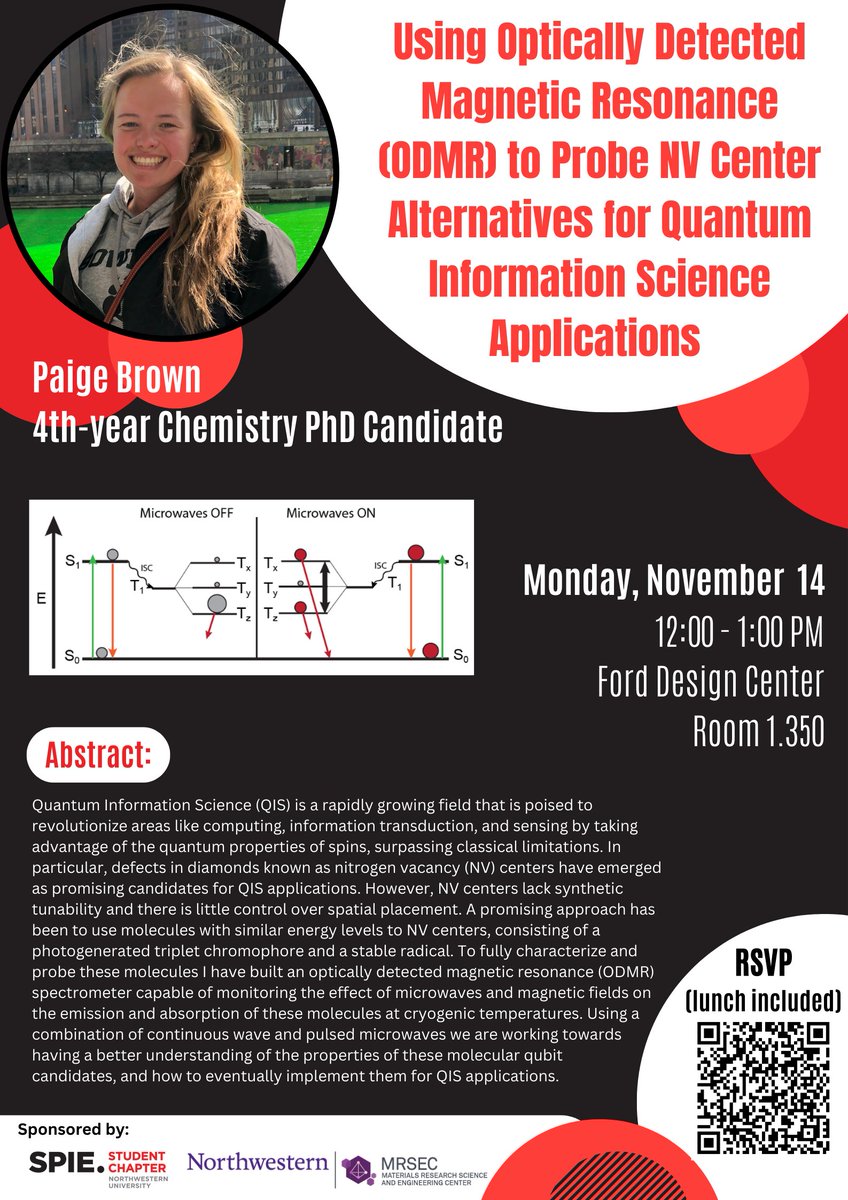On Monday 11/14/2022 at 12-1pm in Ford 1.350, we will have Paige Brown present about "Using Optically Detected Magnetic Resonance (ODMR) to Probe NV Center Alternatives for Quantum Information Science Applications". Sign up below to RSVP for the seminar!