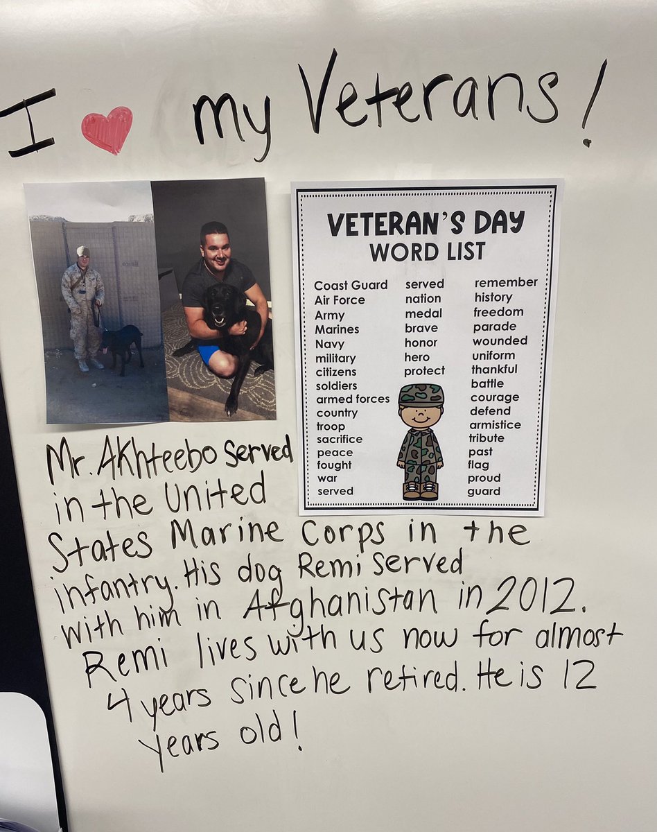 My favorite Veterans getting the spotlight 🔦 in my classroom 🙍🏻‍♂️🐕‍🦺🇺🇸 <a href="/USMC/">U.S. Marines</a> #VeteransDay #USMC #inspire96