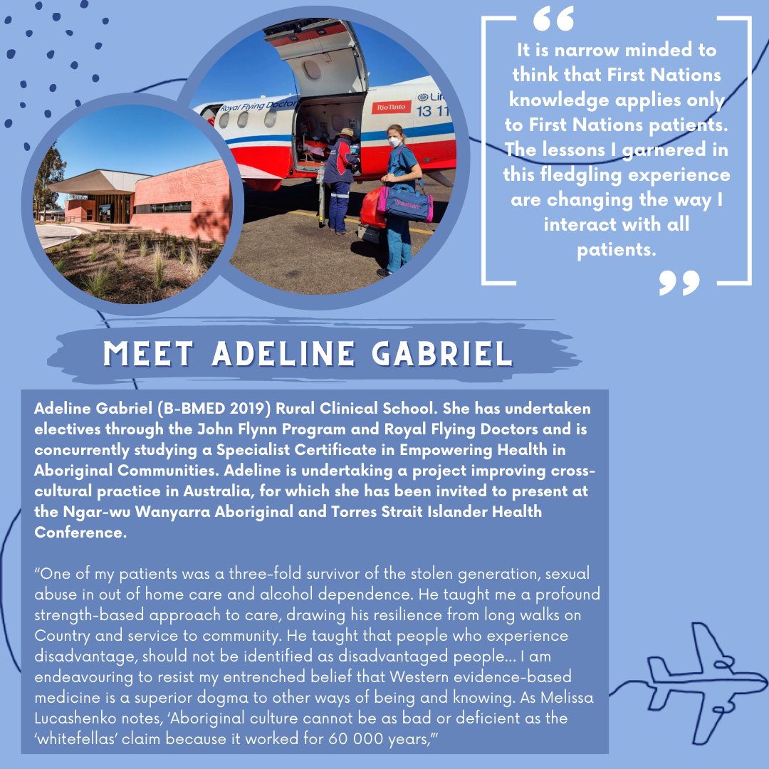 🌾 Humans of Rural Medicine - Adeline
Gabriel 🌾

Swipe to read about Adeline's experiences with
Indigenous Health, the JFPP and Royal Flying Doctors
program ✈️