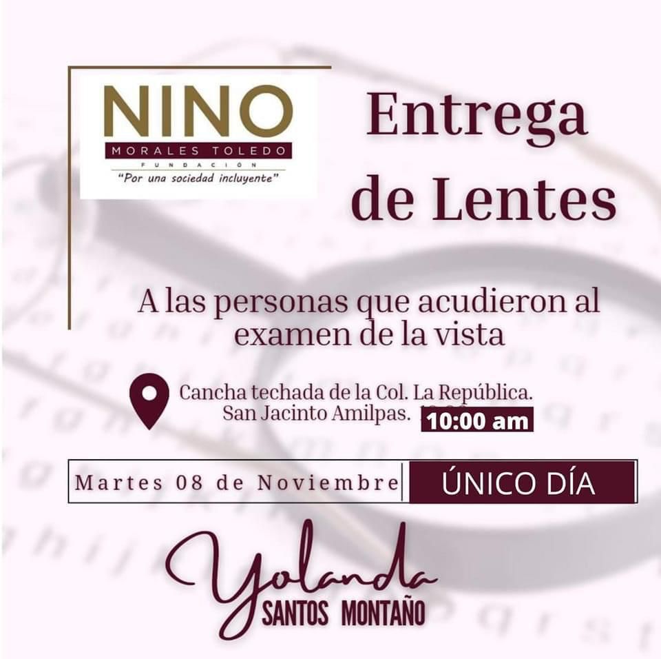 Yolanda_SanMon's tweet photo. ⚠️🚨 ATENCIÓN 🚨⚠️

Se realizará ENTREGA DE LENTES a las personas que acudieron al examen de la vista, el día de mañana MARTES 8 de NOVIEMBRE en un horario de 10:00 am en la Cancha Techada de la Colonia La República de San Jacinto Amilpas.

 #SanJacintoAmilpas #Oaxaca #Atzompa https://t.co/0ojpKJ55v8