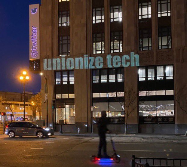 WUTangKids's tweet photo. Projected at Twitter HQ in SF:
#MegaphoneOfHate
#StopToxicTwitter
#MusksHellscape
#UnionizeTech
H/t @AEMarling https://t.co/5IRHCTgUuC