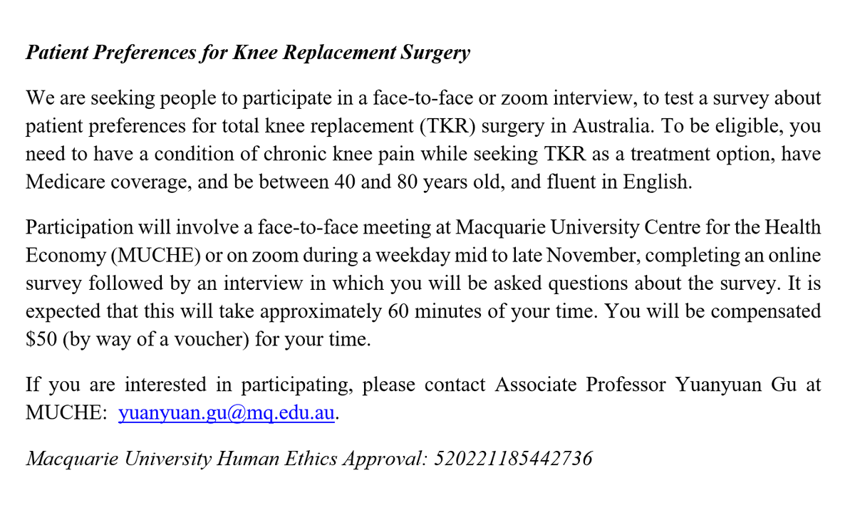MUCHE_Macquarie's tweet photo. We are seeking adults to participate in a pilot online survey and interview to help us understand treatment preference for total knee replacement surgery in Australia. For more information, please email to yuanyuan.gu@mq.edu.au
@AIHI_MQ https://t.co/SRDiSNTM5I