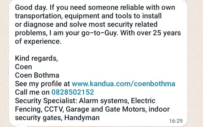 ShiloteW's tweet photo. For all your Security Needs!
Call Coen Bothma: 082 8502152
Security Specialist!!
#securityalarmSystems https://t.co/rBjEem9YeC