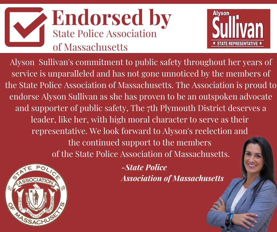 RepASullivan's tweet image. Thank you @MassGovernor, @MassLtGov, @MSPTroopers and @THE_PFFM for your support and endorsement for my re-election!
Polls are open tomorrow from 7am to 8pm. I humbly ask for your support and vote. Thank you!