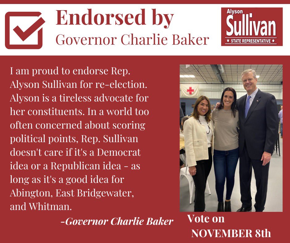 RepASullivan's tweet image. Thank you @MassGovernor, @MassLtGov, @MSPTroopers and @THE_PFFM for your support and endorsement for my re-election!
Polls are open tomorrow from 7am to 8pm. I humbly ask for your support and vote. Thank you!