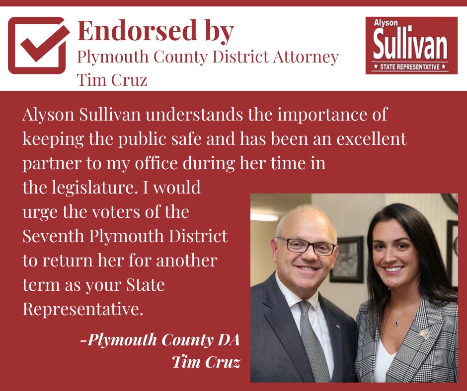 RepASullivan's tweet image. Thank you @SheriffJoeMcD, @PlymouthCtyDAO and ACE Union for endorsing my candidacy for re-election. Your support and words of encouragement are truly humbling. Thank you