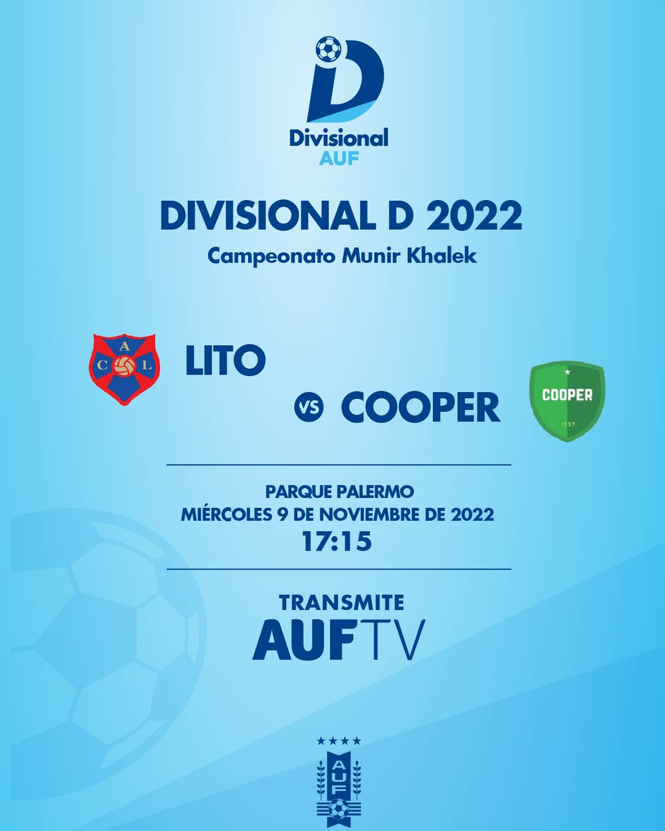 ⚽ 𝗧𝗮𝗿𝗱𝗲 𝗱𝗲 𝗱𝗲𝗳𝗶𝗻𝗶𝗰𝗶𝗼́𝗻

No te pierdas Lito 🆚 Cooper EN VIVO por AUF.TV.

¡Seguí la previa desde las 17:00 h!

➡️ Campeonato Uruguayo 2022
🏟️ Parque Palermo
📺 AUF.TV

#DivisionalD
