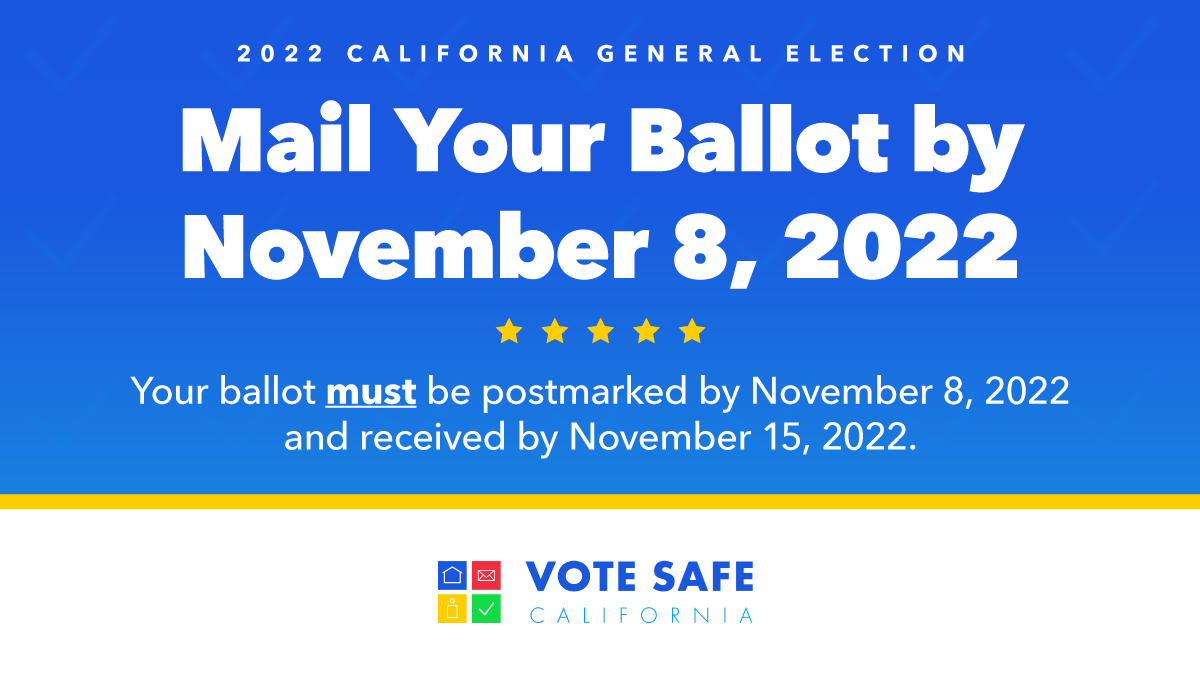 If you want to mail your ballot but aren't sure it's going to POSTMARKED on November 8 (even if it is picked up on 11/8, it might not be postmarked until the following day), you could go into the post office to mail it or, deposit it in a ballot drop box or at a Vote Center.