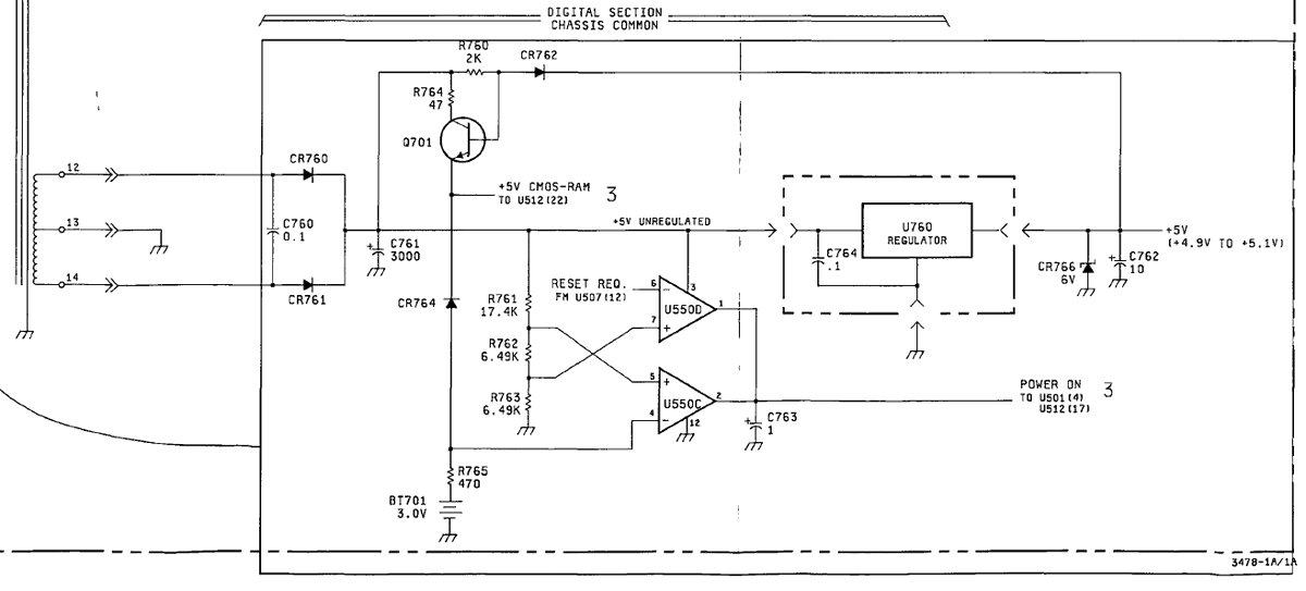 Keep the HP3478A powered on while replacing the SRAM battery to hold onto the cal data. You don't need an isolation transformer or a gas-powered iron. Cut out the old battery and solder in the new, positive terminal first (diode CR764 blocks the short to ground through the iron).