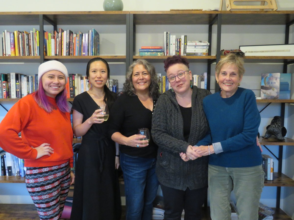 Our last precious group of writers in 2022, October's stalwart residents @poet_raquelvgil, <a href="/erinbowbooks/">Erin Bow</a>, @suyeelin, Ann Fisher-Wirth, <a href="/RowenaAlegria/">Rowena Alegria</a>, Debbie Moderow, and Rebeca Flores. Just as soon as they departed, the snow began to fall in earnest!