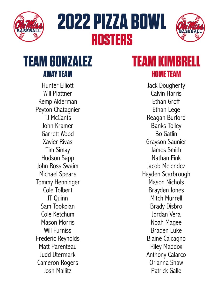 OleMissBSB's tweet image. Team Gonzo vs. Team Kimbrell. The rosters are set. 

Can't wait for Friday night at 5!