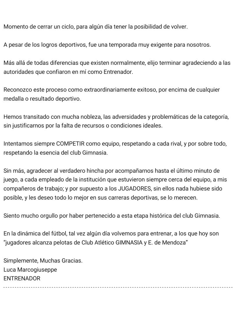 GimnasiaMendoza's tweet photo. 🏁 CARTA ABIERTA DE LUCA MARCOGIUSEPPE A TODO EL MUNDO BLANQUINEGRO:

Tu compromiso con el Club fue total desde el comienzo. Entendiste desde el primer día la historia de nuestra camiseta y la manera en la que se tenía que jugar en Gimnasia. https://t.co/vxStKfwfYz