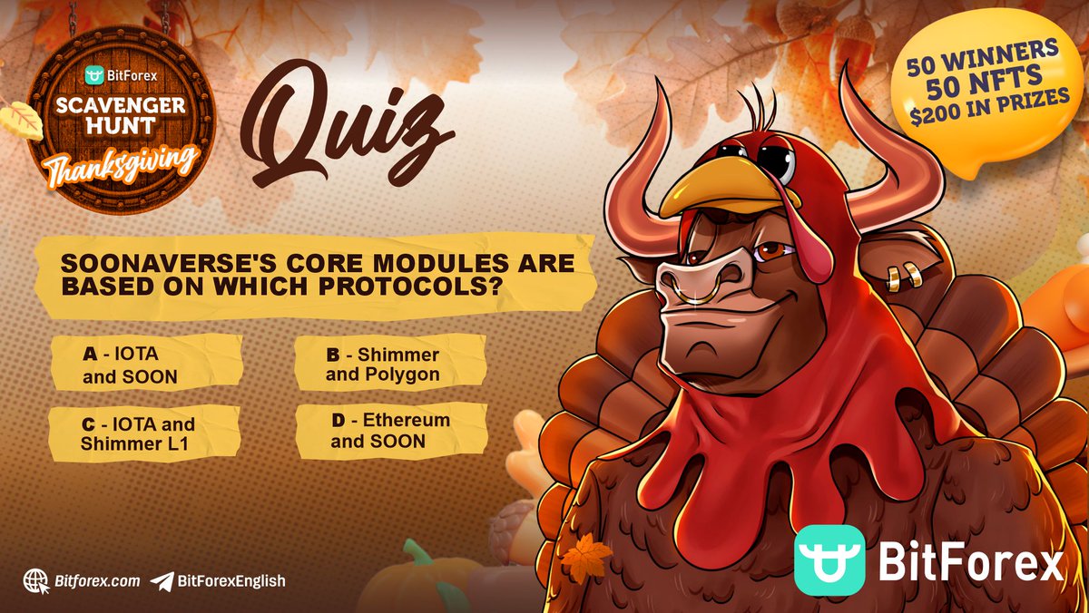bitforexcom's tweet photo. Hit the Quiz and win: $200 + 50 NFT #Thanksgiving specials ($30k prize pool)

🤑10 random winners will get $20 + 1 NFT each
🤑40 winners will get 1 #NFT each

Rules:
🦃Reply with answer
🦃Follow us
🦃Like + RT this

Ends: 11/11

#GiveawayNFT @iota @shimmernet #IOTA @soon_labs https://t.co/Q0PpDnrtP4