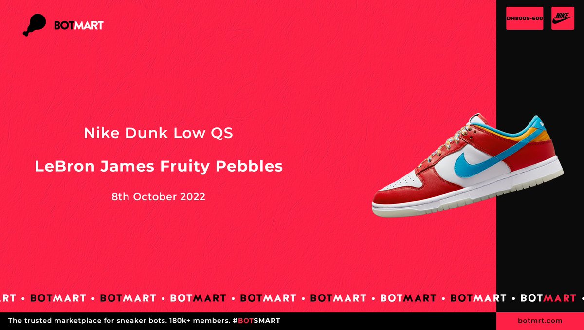 Dropping tomorrow👀 Will you be going for the latest Nike x LeBron James collab? This time, we’re getting a Dunk Low modelled after LJ’s favourite cereal, Fruity Pebbles 🍉 Featuring a printed insole and bright colours throughout, this pair is hot! 🔥 discord.gg/botmart