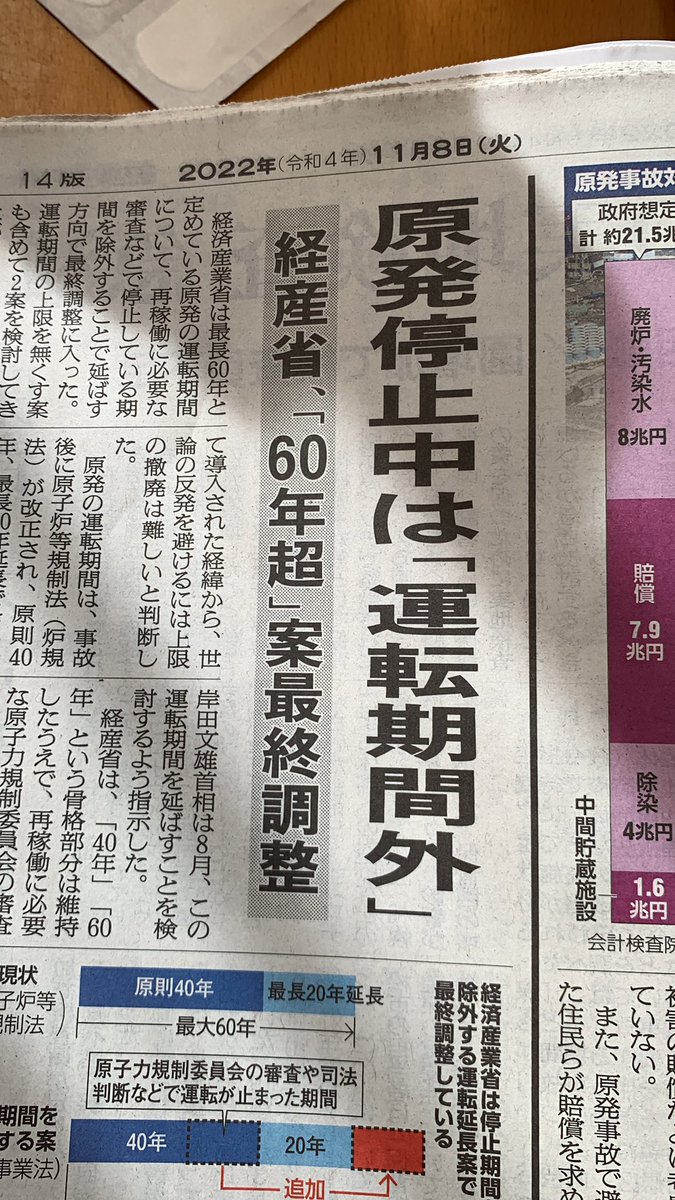 mountain381's tweet photo. 朝日新聞2022/11/08朝刊。
あまりにひどい屁理屈に愕然とした。原発停止中は「運転期間外」。だから60年のカウントからは除外する、と。

不動産屋は空き家の期間を築年数から除外しますか？

そもそも「60年」だってひどい話なのに。なんじゃこりゃ。

怒💢

#原発 https://t.co/CPdtwRutTh