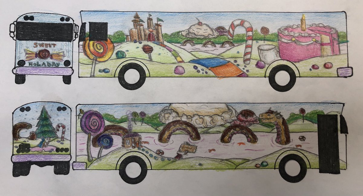 ARTSGTHS1's tweet photo. ARTS Academy Sophomore Vanessa Enriquez’s “Candy Land” design was chosen for this year’s “Stuff-the-Bus” Holiday Bus! ⁦@CJUSDESD⁩ ⁦@DrFrankMiranda⁩ ⁦@GTHSTitans⁩ ⁦@lynettewsocial⁩ ⁦@MooneyEdD⁩ ⁦@CjusdCte⁩ ⁦ https://t.co/GzzDfXTv3m