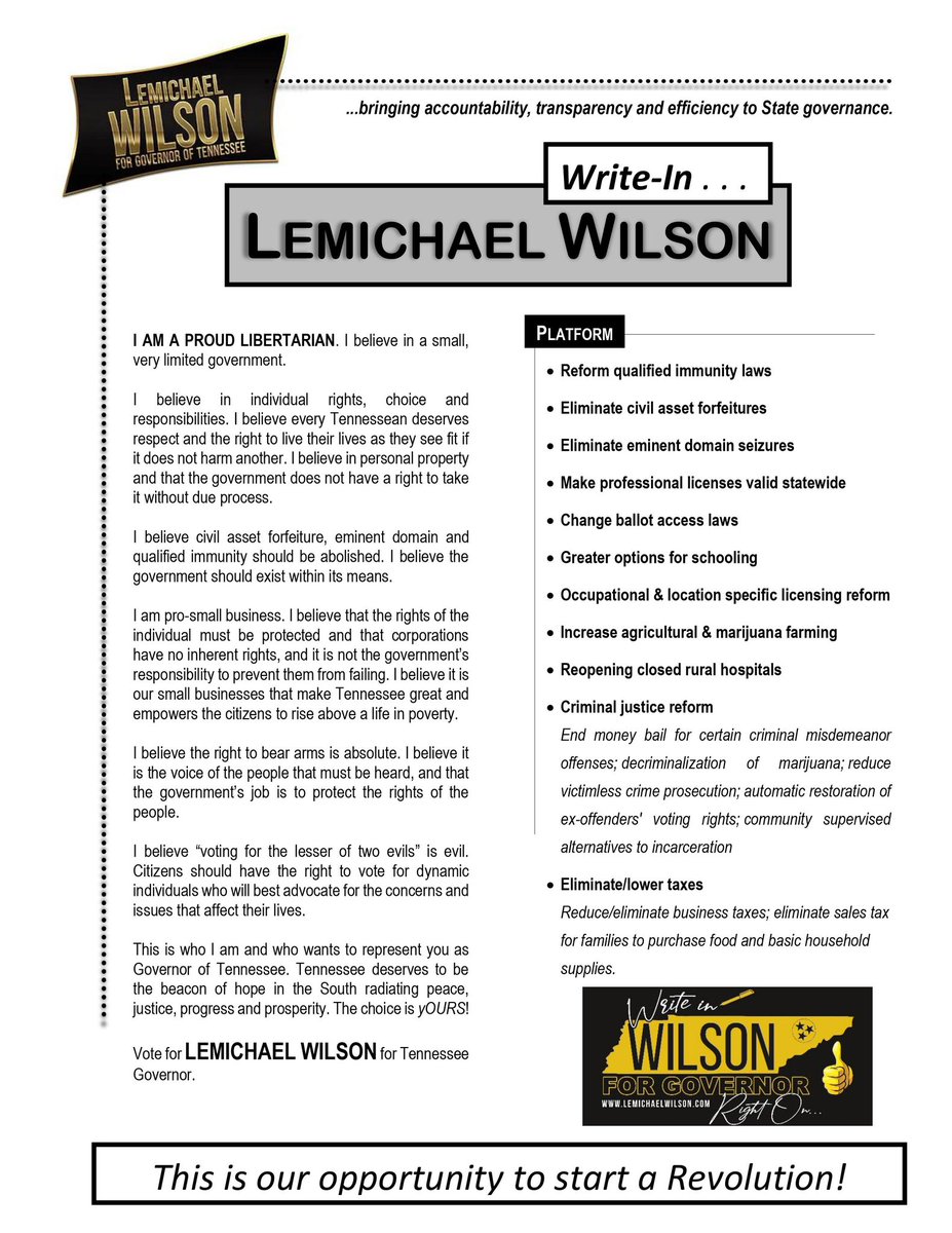 TNGovernor2026's tweet photo. @LPTN1776 … if you live in TN or know someone who does — encourage them to support the Liberty-movement by #WritingIn LEMICHAEL WILSON for TN Governor.
This is our opportunity to start a revolution!!
#IgniteTheVote #LightEmUp https://t.co/9lZjgRmDkH