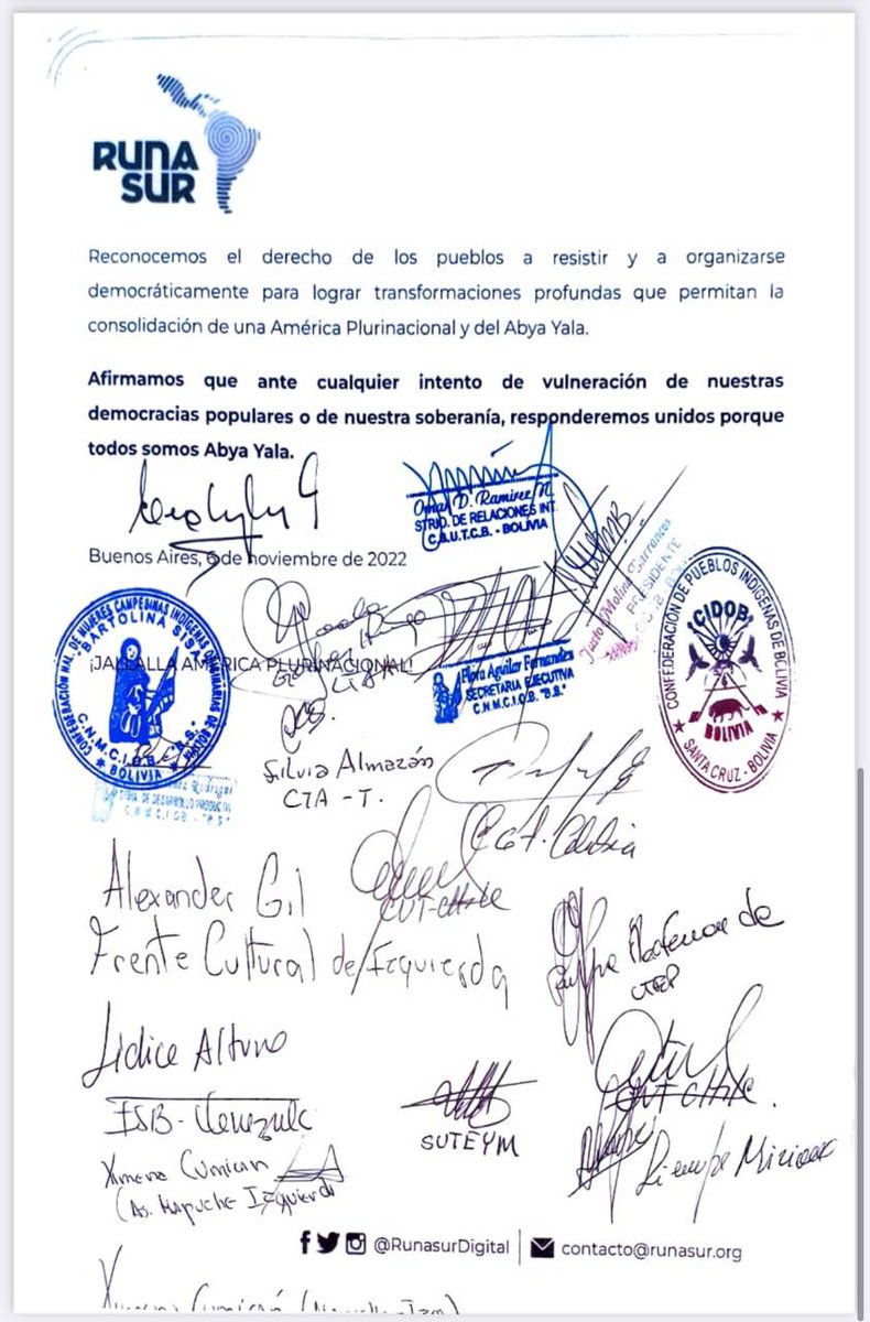 Il manifesto politico di Buenos Aires del 06/11/2022, @runasurdigital, celebra la vittoria dei popoli di 🇨🇴 e 🇧🇷 condanna l'applicazione del blocco economico e finanziario contro i paesi fratelli... 👇
#FreeAlexSaab
@POTUS @SecBlinken @StateDept #8novembre