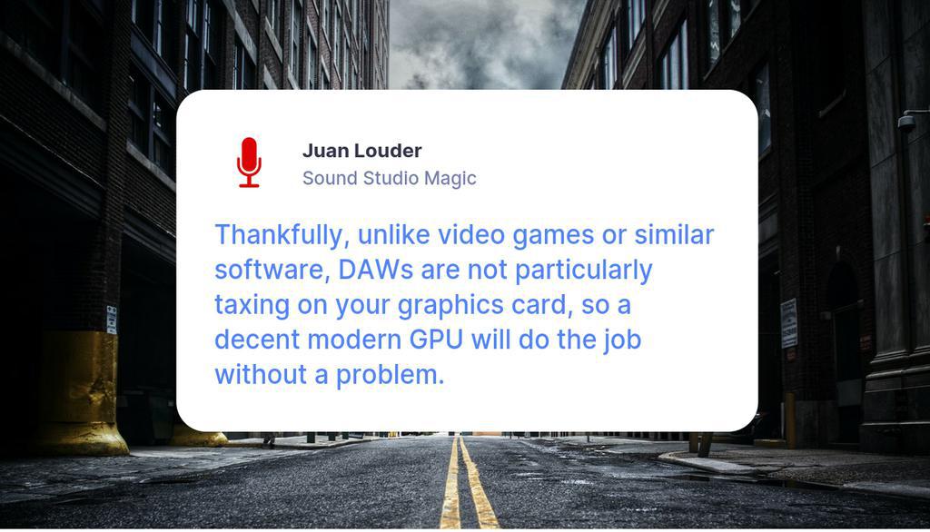 Juan_Louder's tweet image. Your graphics card will not directly affect your sound quality.
Read the full article: Can Graphics Cards Affect Audio Quality?
▸ lttr.ai/1pfS
#AudioRecording #GraphicsProcessingUnit