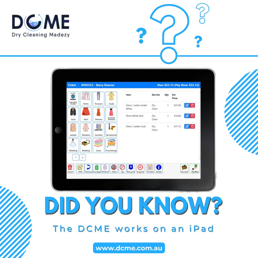 dcmesoftware's tweet image. DCME point-of-sale software works on an iPad but you will need a third-party printer software connection, which will be at your cost in using it if you wish to print from the iPad.

#drycleaning #drycleaners #drycleaningpos #pointofsale #laundry #alteration #automation