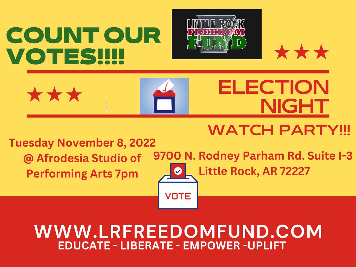 Join the Little Rock Freedom Fund tomorrow night for #ElectionNight 
7pm free admission, food and drinks.