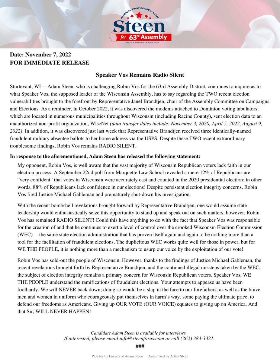 steenforus's tweet photo. Robin Vos continues to be silent on important election integrity issues. 

Learn more in my latest press release.

#writeinsteen #steenforwritein #steenforthewritein #adamsteenforus #conservativepolicies #Steenforus #AdamforWisconsin #tossvos #americafirstconservative https://t.co/KvvoBvXORr