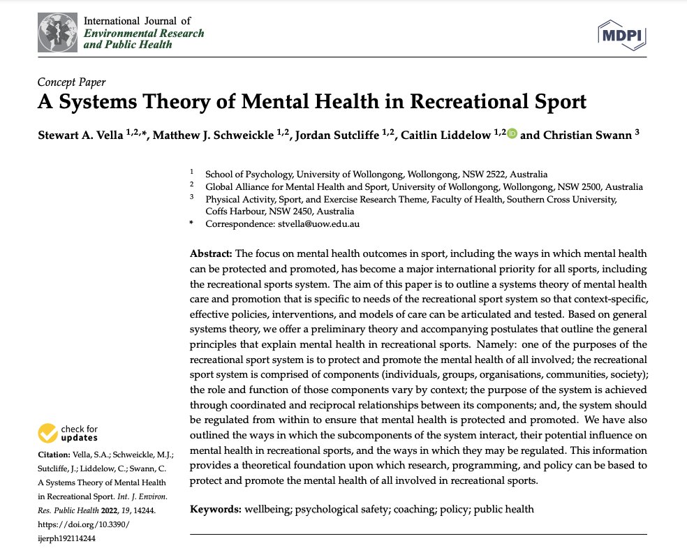 Global Alliance for Mental Health and Sport (@games_rg_) on Twitter photo Have you seen the newest publication from our group?
We outline a systems theory of mental health care and promotion that is specific to needs of recreational sport <a href="/stewartvella/">Dr Stewart Vella</a> <a href="/mattschweickle/">Dr Matthew Schweickle</a> <a href="/JordanSutcliff3/">Jordan Sutcliffe</a> <a href="/caitlinliddelow/">Dr Caitlin Liddelow</a> <a href="/cswannpsych/">Christian Swann</a>
Read here! mdpi.com/1660-4601/19/2β¦ Have you seen the newest publication from our group?
We outline a systems theory of mental health care and promotion that is specific to needs of recreational sport <a href="/stewartvella/">Dr Stewart Vella</a> <a href="/mattschweickle/">Dr Matthew Schweickle</a> <a href="/JordanSutcliff3/">Jordan Sutcliffe</a> <a href="/caitlinliddelow/">Dr Caitlin Liddelow</a> <a href="/cswannpsych/">Christian Swann</a>
Read here! mdpi.com/1660-4601/19/2β¦